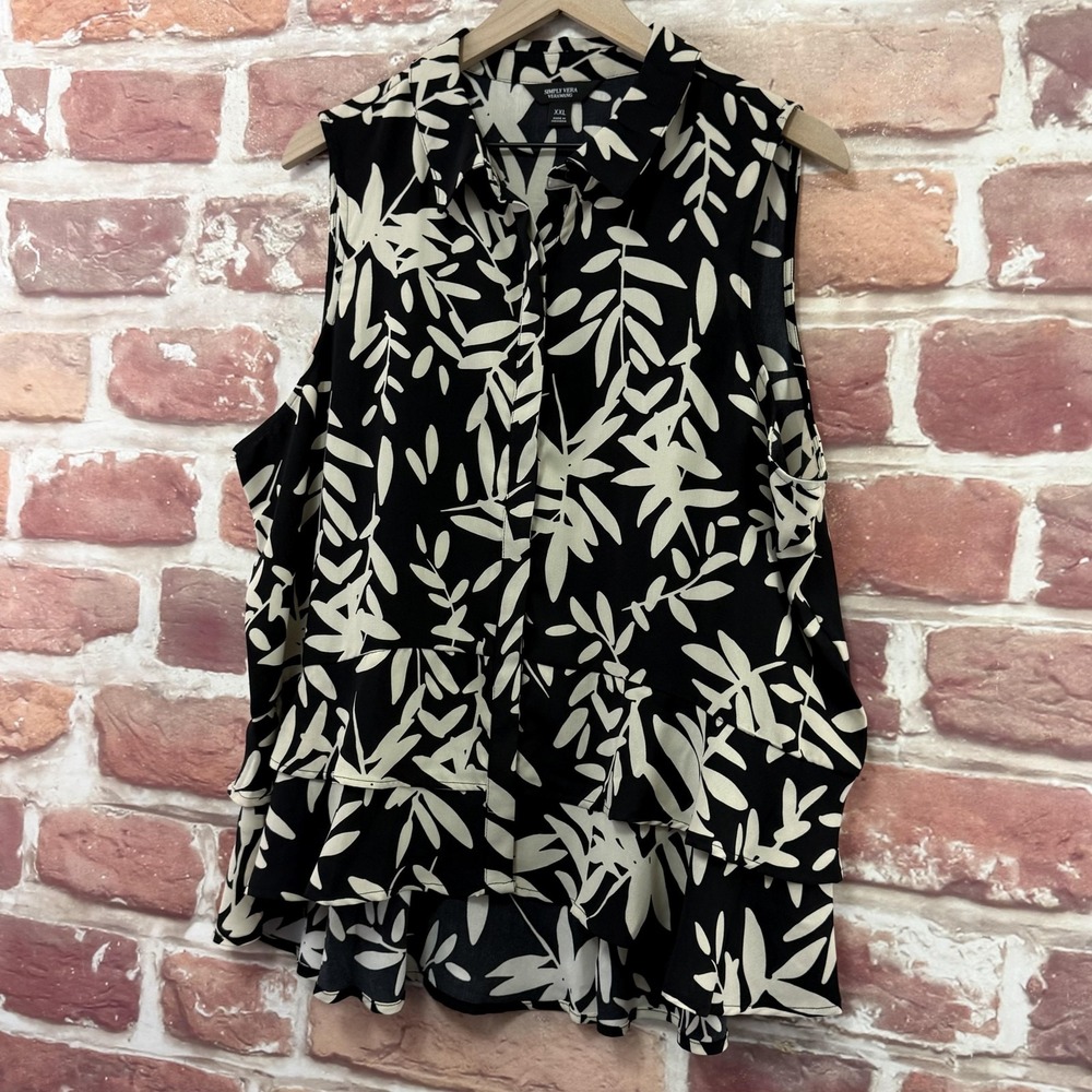Simply Vera Wang Top Womens XXL Black Cream Shadow Leaves Ruffle Button Up Shirt - Picture 3 of 9